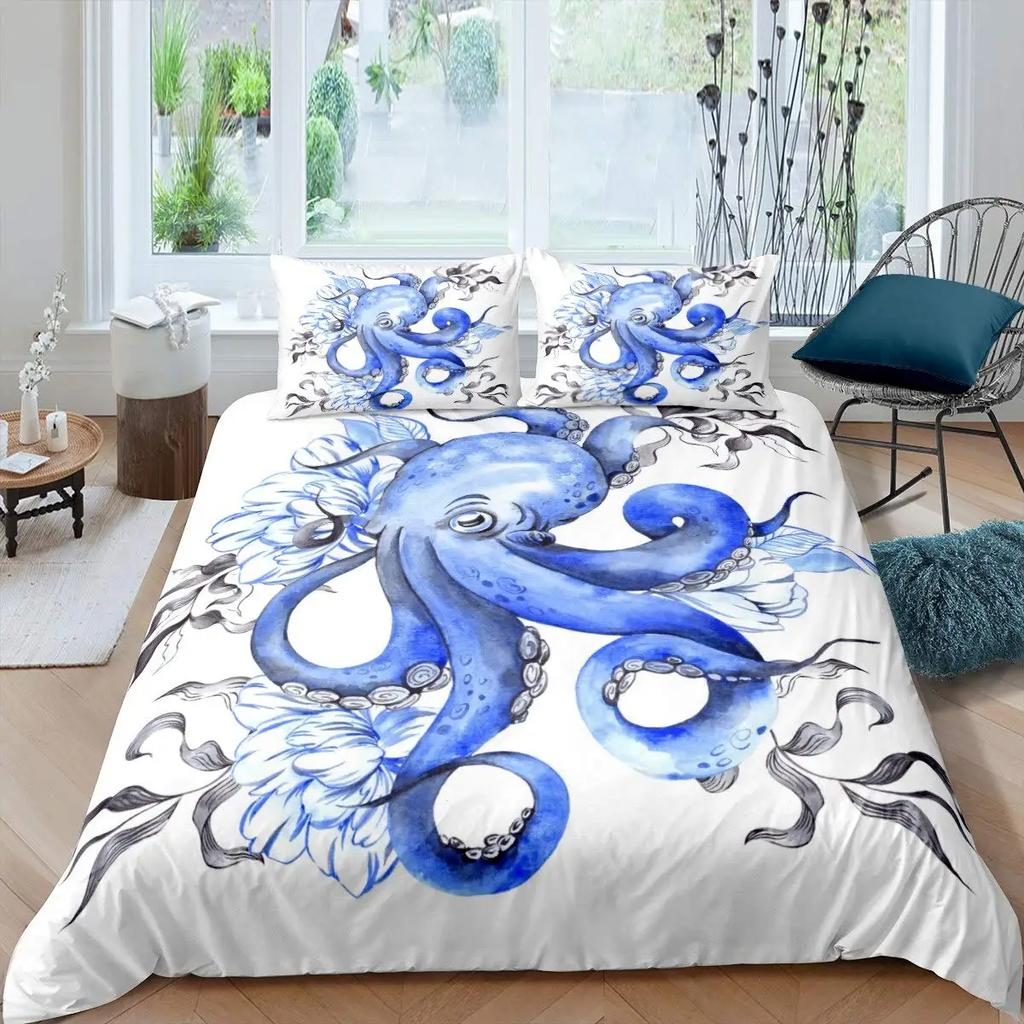 Octopus Duvet Cover Set Teal Blue Octopus Tentacles Twin Bedding Set Sealife Ocean Sea Animal Queen King Polyester Quilt Cover