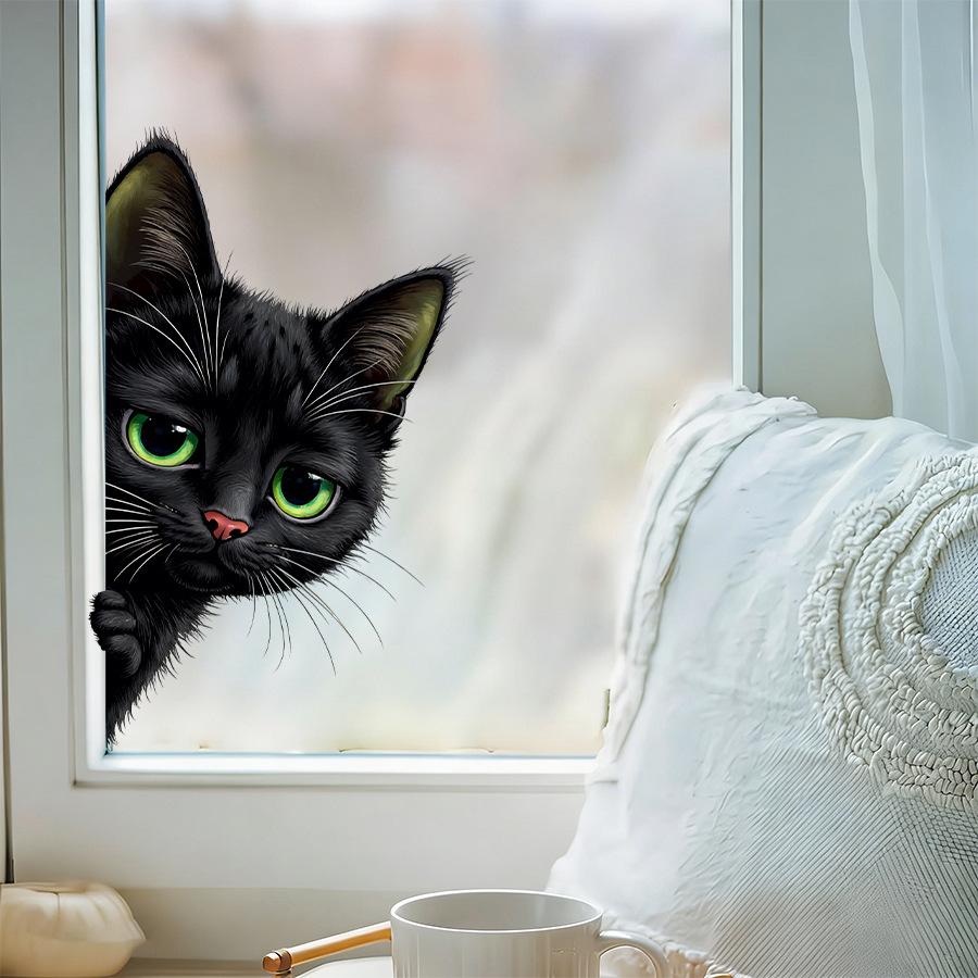 Realistic Black Cat Peeking Through Window Static Cling Glass Sticker Cute Healing Home Decor