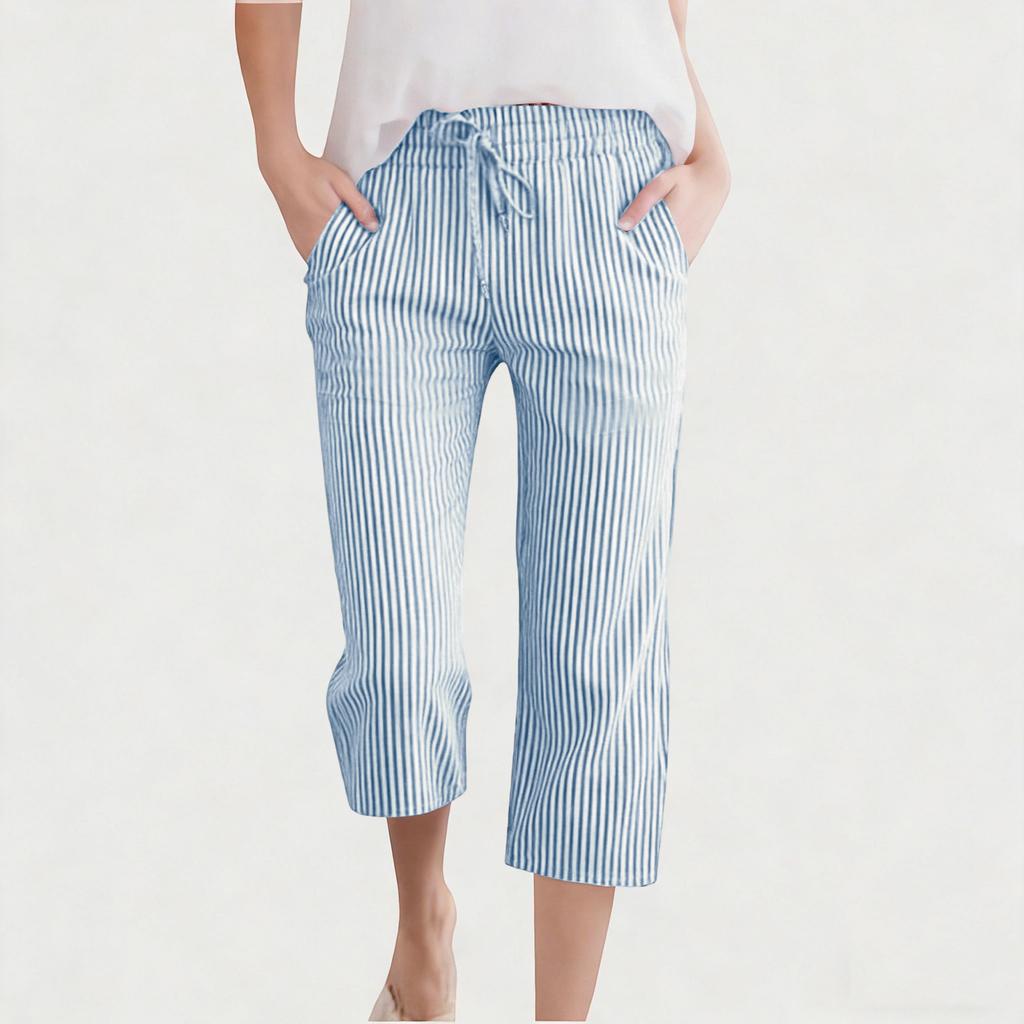 Children's Fashionable Cute Striped Elastic Waist Pocket Casual Girls' Cropped Pants