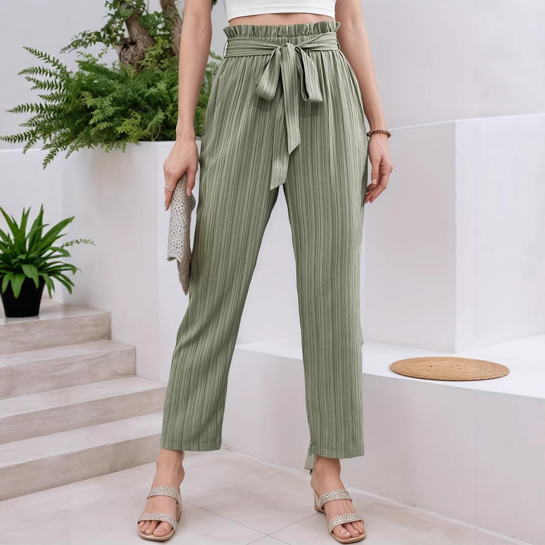 European and American casual trousers temu European and American hot summer new pants lace-up ruffle edge elastic trousers european and american code m зелёный
