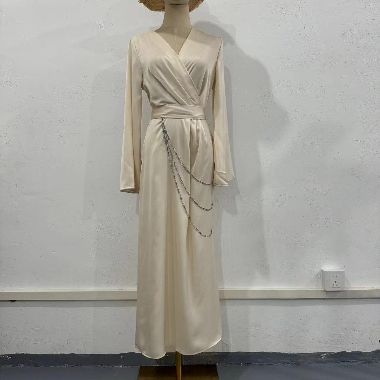 

GMXIA женское осеннее платье, темперамент, однотонное атласное платье с длинной талией и цепочкой M абрикосовый