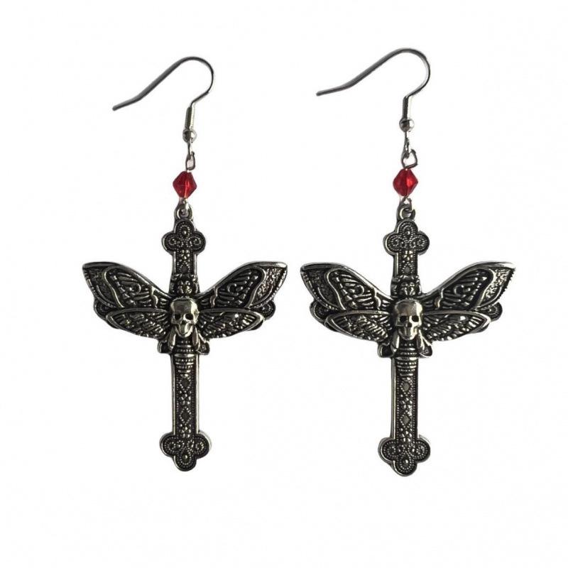 Dark Punk Gothic Moth Cross Earrings: European & American New Exaggerated Design