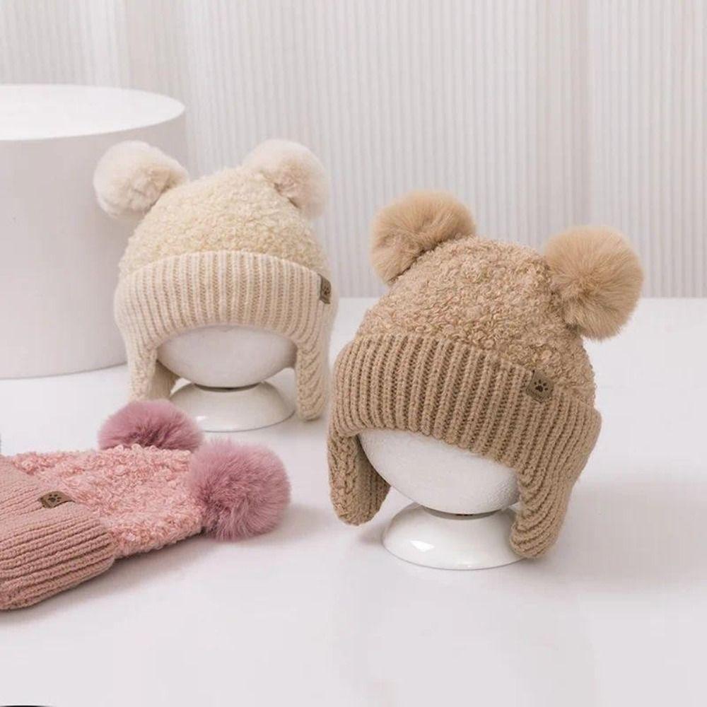 Double Hairball Knit  Cap Knitted Beanie Cap Cute Baby Hat  Kids
