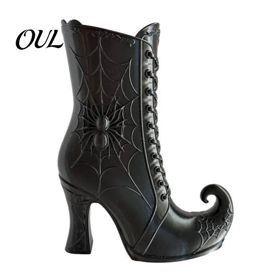 Mysterious Desktop Accent Gothic Witch Boot Vase, Halloween Table Centerpiece Black Spider Web Autumn Seasonal Display High Heel, Flower Holder