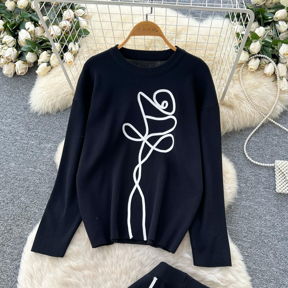 Autumn Winter Women Casual Knitted Sweater Trouser Two Piece Set Full Sleeve Flower Pullover Tops and Wide Leg Pant Tracksuit