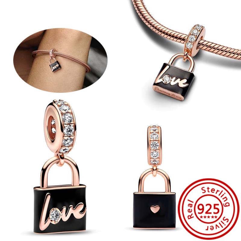 New 925 copper Love Lock Key Padlock Happiness Double Dangle Charm Heart DIY Beads Fit Original Pantaro Bracelet Fine Zircon