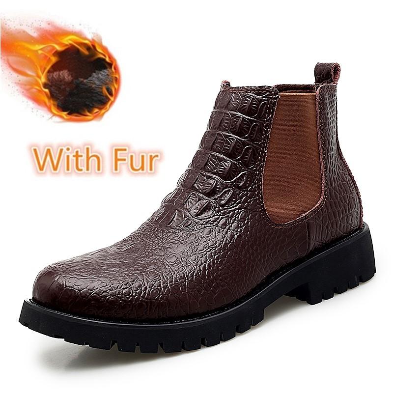 Mens Boots High Quality Men Chelsea Boots Autumn Winter Ankle Boots Plush Warm Outdoor Snow Shoes Crocodile Pattern Casual Shoes