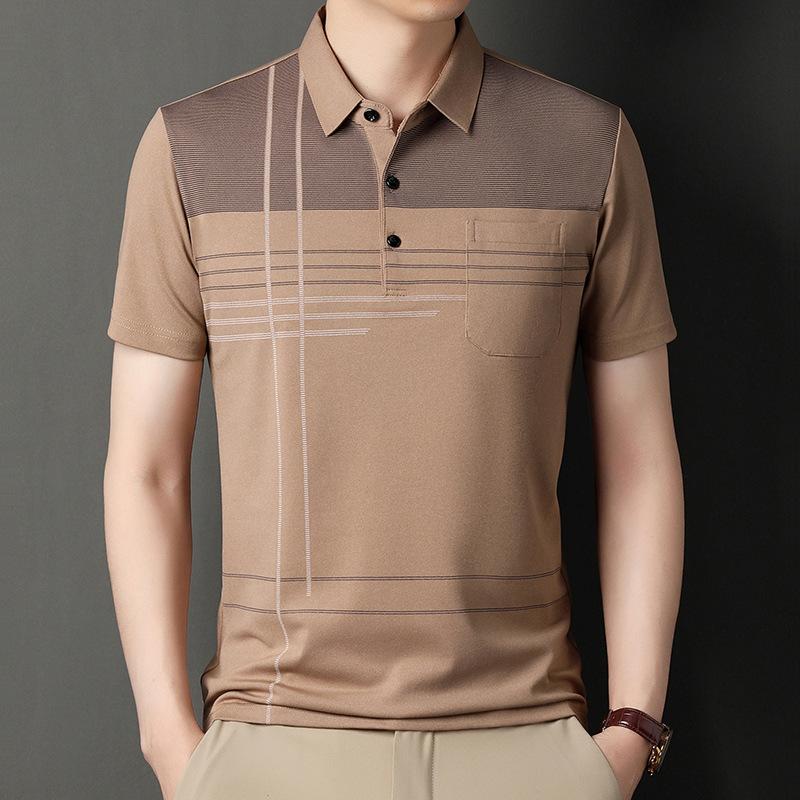 Sommer Herren Revers Kurzarm T-Shirt für junge und mittlere Männer Gestreifte Oberteile Taschenversion Dünne Halbarm Casual Herren Kurzarm