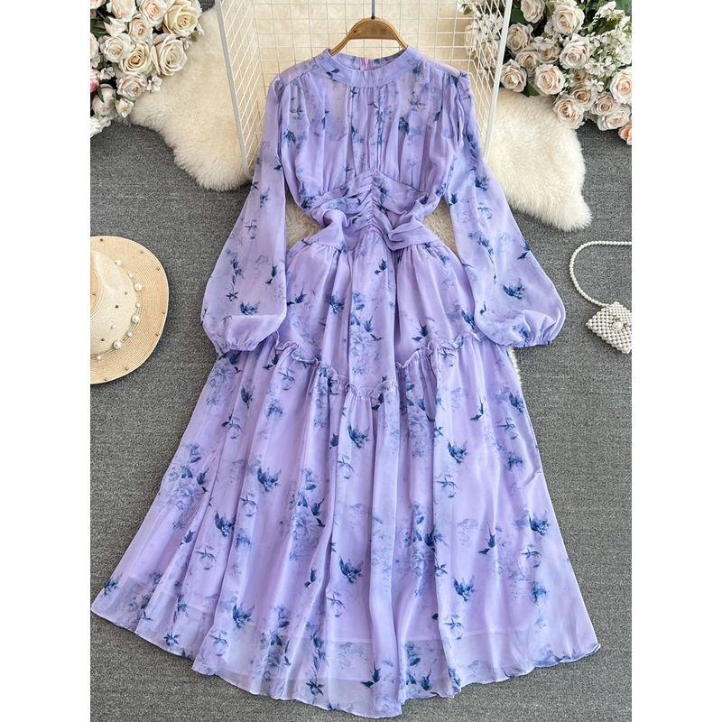 Accessible Luxury Lantern Long Sleeve Stand Collar Elegance Chiffon Dress