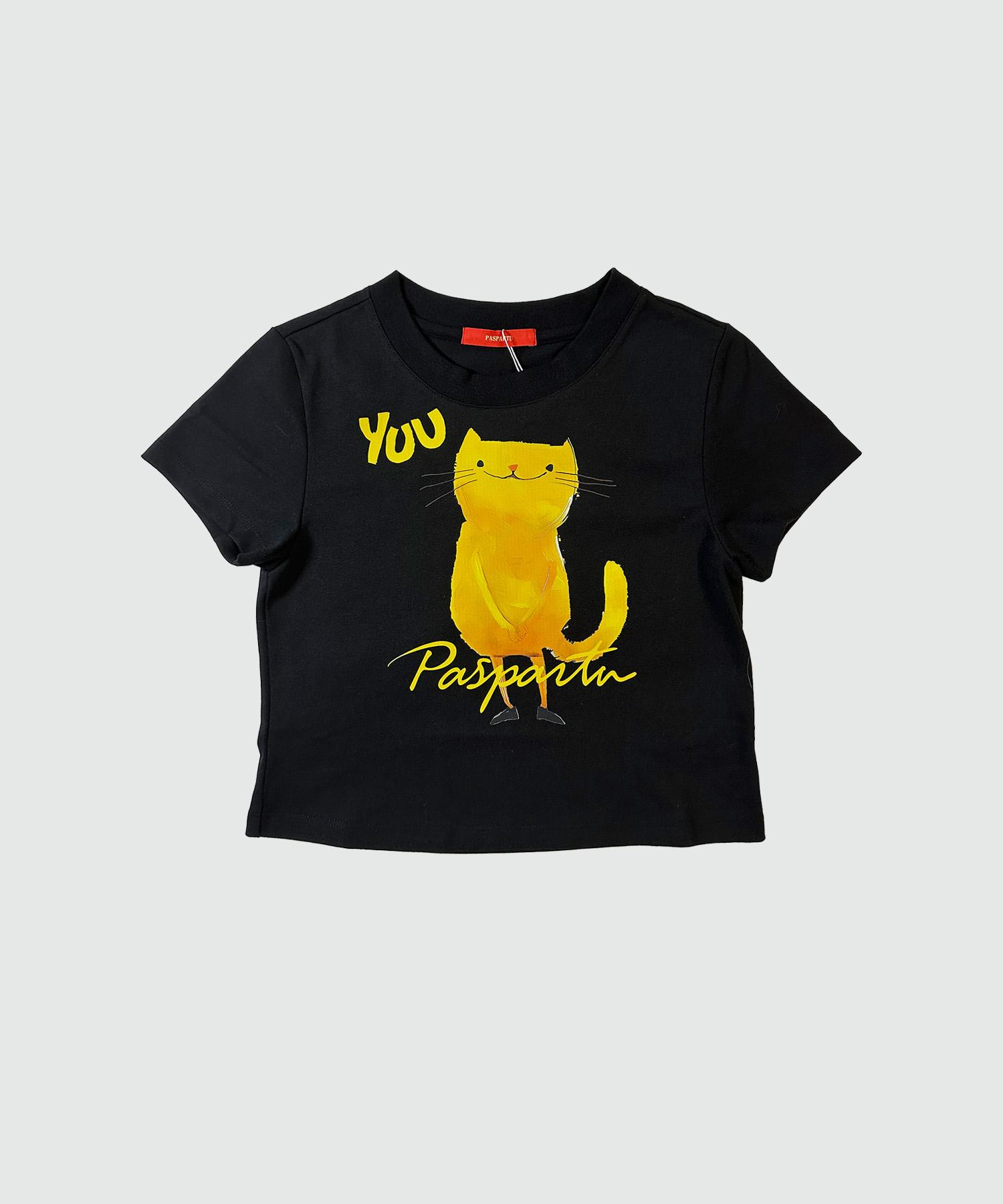 Paspartu Cat Crop Short Sleeve Tee Black