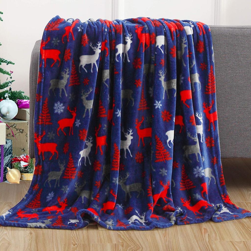 2025 Flannel Throw Blanket Wine Red Blanket Reindeer Christmas Blanket Holiday Gift Sofa Blanket