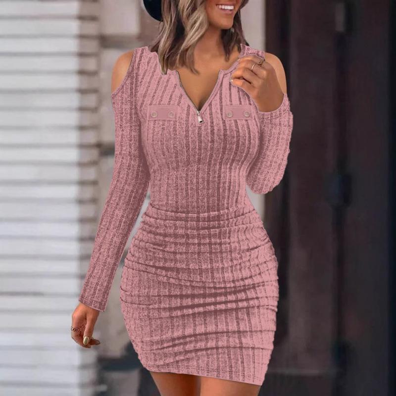 Autumn And Winter Solid Color Zipper V-Neck Tight-Fitting Hip-Wrapped Slim-Fitting Sexy Long-Sleeved Dress For Women