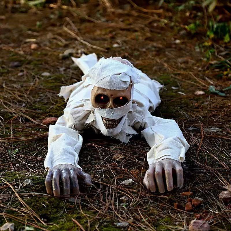 Scary Crawling Mummy Figurine With LED Red Eyes Halloween Indoor Home Decor Creepy Animated Zombie Prop Holiday Party Ornament