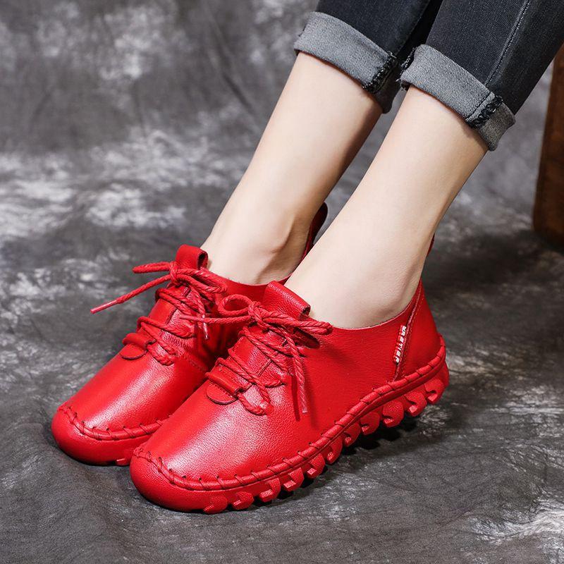 Handmade Genuine Leather Women Shoes Casual Sneakers Retro Flats Ladies Lacing Loafers Breathable Vulcanized Shoe Red 42