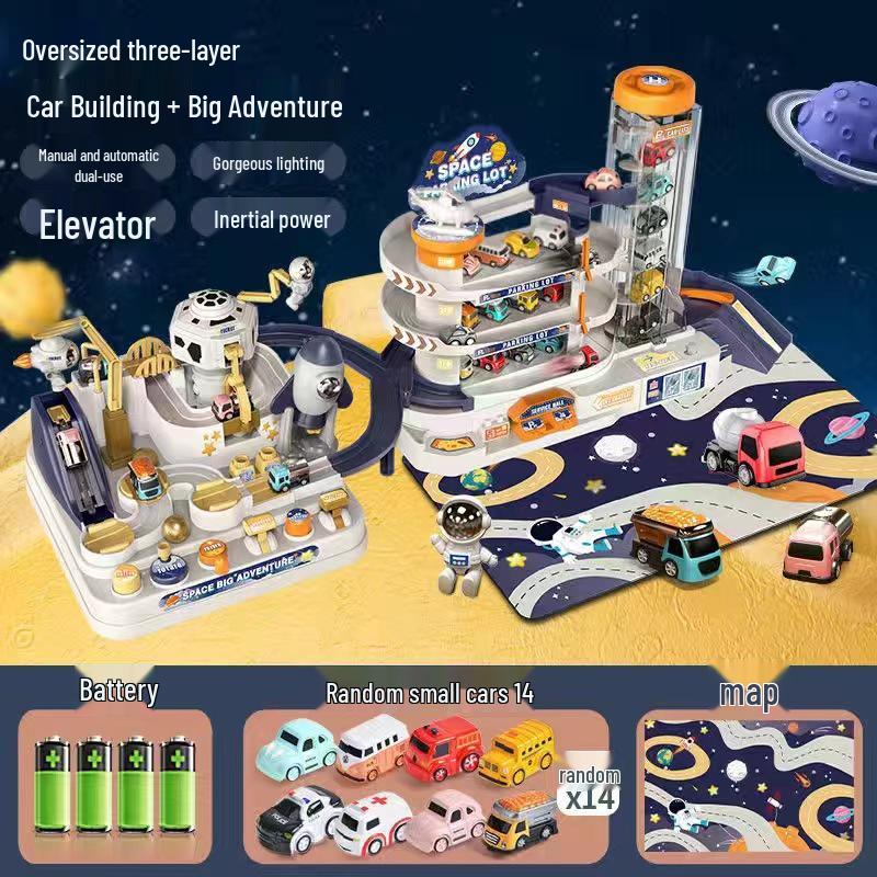 Kids' Space Adventure Parking Lot Toy with 9-Track Car Race for Ages 1-6
