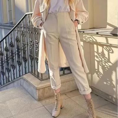 Elegant Solid Pleated Straight Pants Autumn Fashion High-waist Women Pants With Pockets Vintage Office-lady Trousers 30060