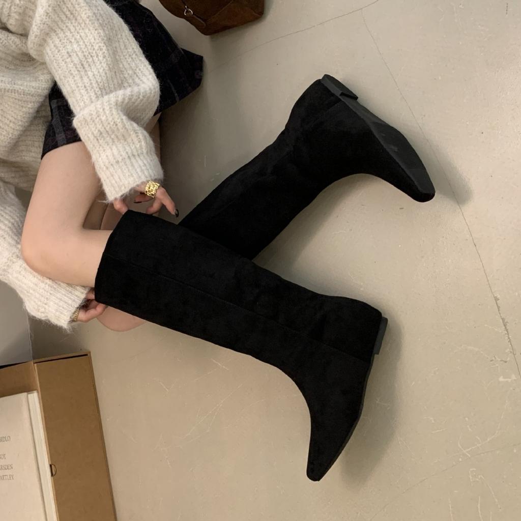 2025 Autumn and Winter New Square Head Tall Tube Inner Slope Heel Suede Thin Boots But Knee Knight Women's Boots