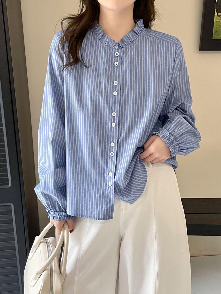Spring 2026 Retro Stand Collar Ruffle White Shirt - Versatile Commuting Top