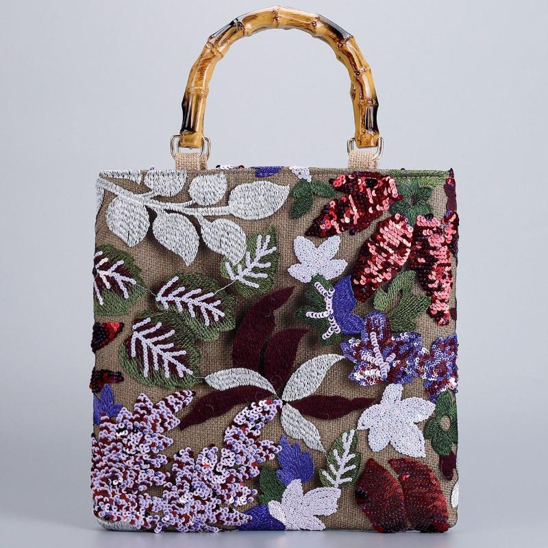 Women's Retro Tote Bag Vintage Pink Embroidery Sequin Bamboo Handle Handbag Elegant Fashion Bag Daily Commute Shopping Travel Bag