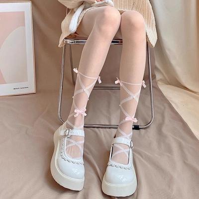 Lolita Student White Stockings Pure Desire Calf Straps Bow Pantyhose Women'S Spring And Autumn Thin Sexy White Socks
