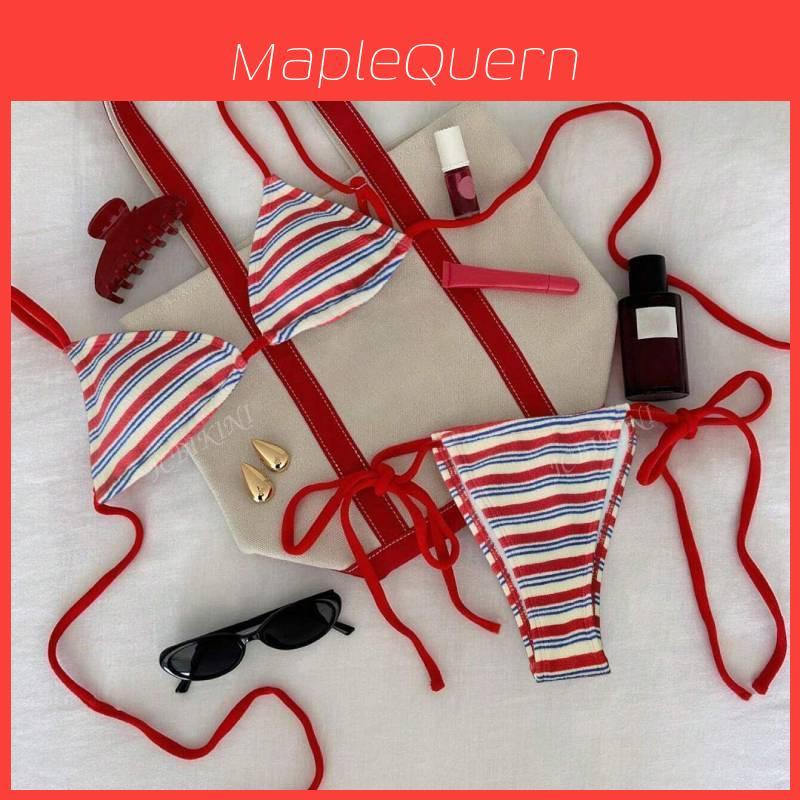 Polyester Striped Low Waist Bikini Set With Ties For Water Sports Women
