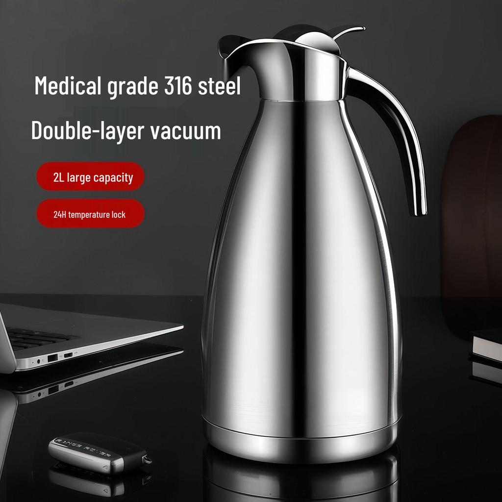 304 Stainless Steel 2L Vacuum-Insulated Coffee Pot, Large Capacity Cold Water Thermos