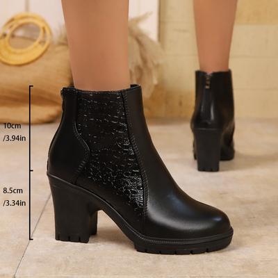 British Style Round Toe High Heel Short Boots for Women Back Zip PU Leather Autumn Winter Ankle Boots Botines Para Mujeres