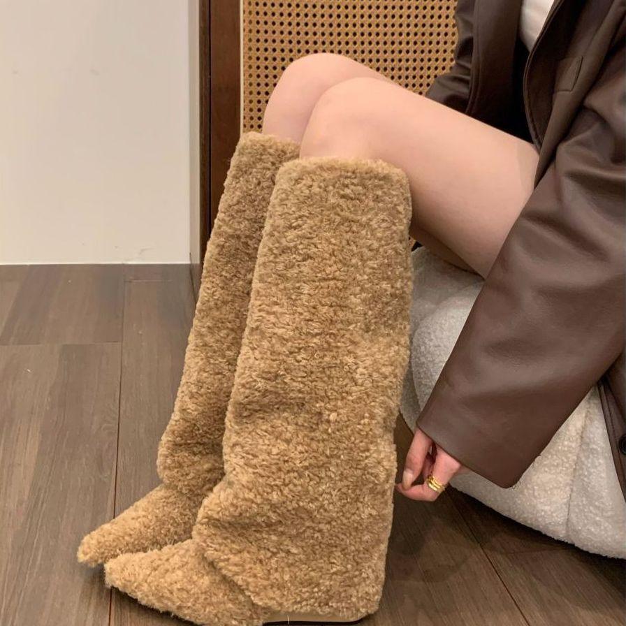 

Нишевые плюшевые хлопковые ботинки на танкетке, длинные сапоги для детей, новинка 2025 года, осень-зима, остроносые сапоги-рыцари средней длины 42