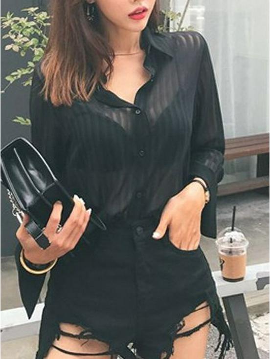 Chic Black Sheer Chiffon Shirt - Stylish and Sexy 2023 Mature Fashion Top