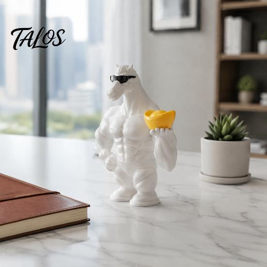 Coole Tierfigur 3D-gedruckte muskulöse Pferdefigur, Skulptur mit Sonnenbrille & Goldbarren, Kreative Desktop-Statue für Erfolg und Wohlstand