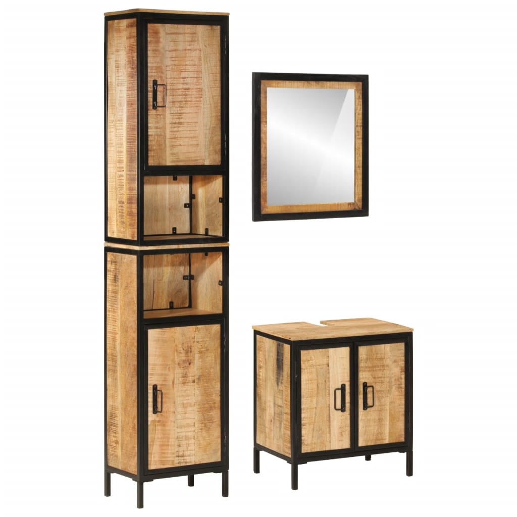 3 Piece Bathroom Furniture Set Iron and Solid Mango Wood