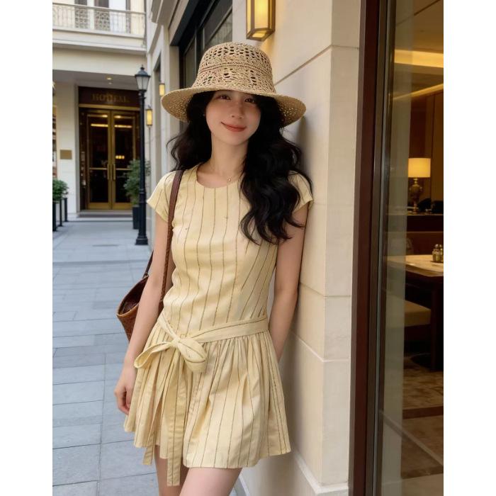 Summer Korean fashion apricot striped short-sleeved dress women s new bow strap waist thin short skirt S