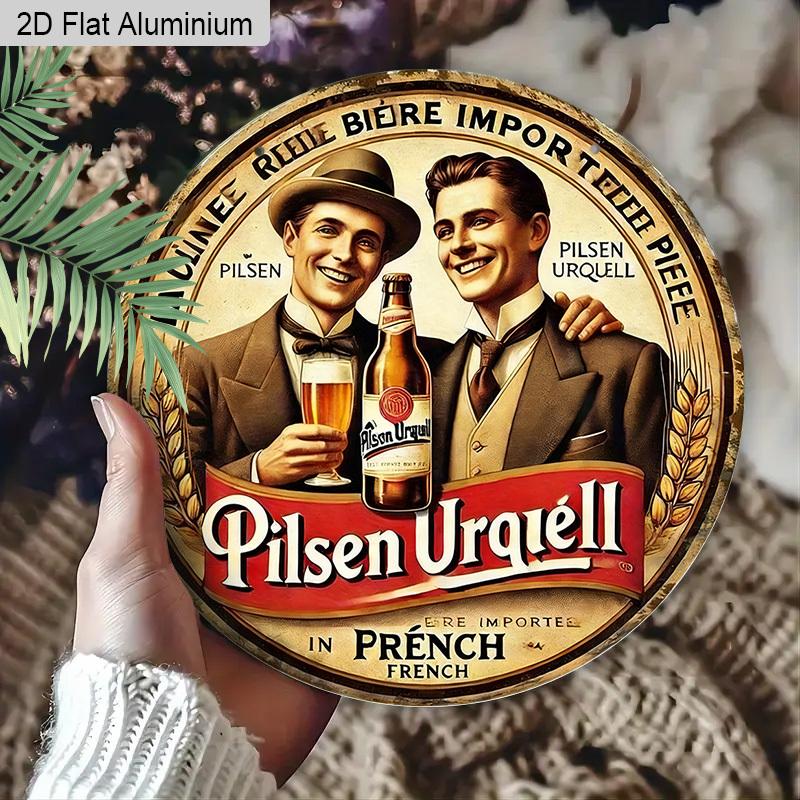 2D Flat Aluminum Retro Round Metal Sign Pilsner Urquell Beer Advertisement, Vintage Wall Art Decor with Hanging Rope, Rustic Chic Decoration for Home