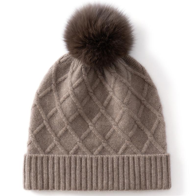 Autumn and winter new women's cashmere cycling cap headband hat rhombus grid knitted hat big hairball design soft and warm