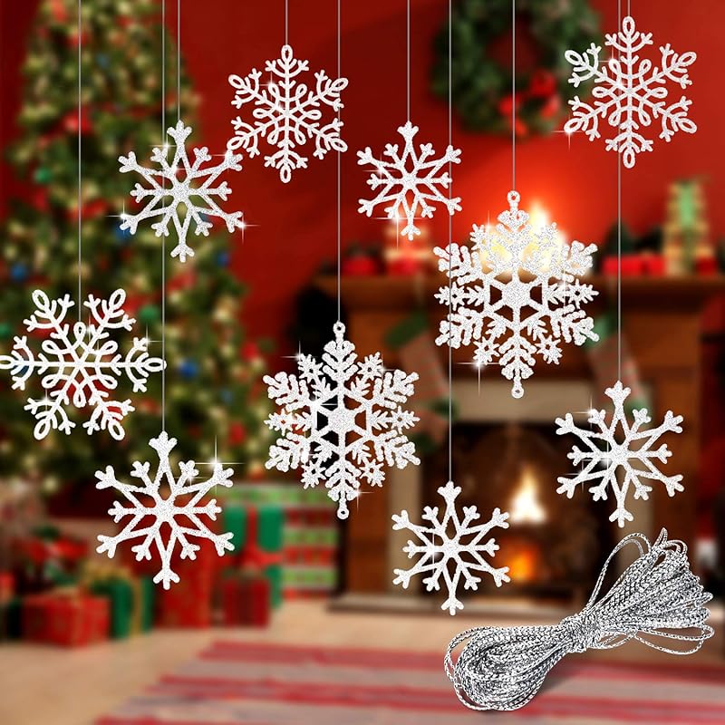 Whaline 40Pcs White Glitter Snowflake Winter Snowflake Ornaments Christmas Hanging Decorations with 197 Inches Silver Rope for Wedding Birthday Home