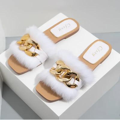 Mode Mode Kette Plüsch Pelzig Flauschig Damen Sandalen Weiß Flach mit Outdoor Damen Pantoletten Pelz Sommer Strandschuhe Große Größe 37-42
