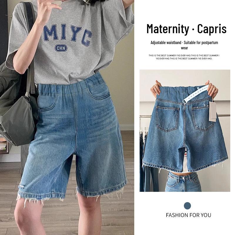 Korean-Style Summer 2026 Ripped Maternity Denim Shorts