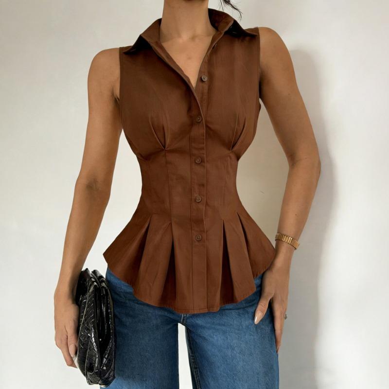 

Womens Sleeveless Peplum Shirt With Collar And Button Down Detail Fitted Waist Casual Office Blouse S коричневый