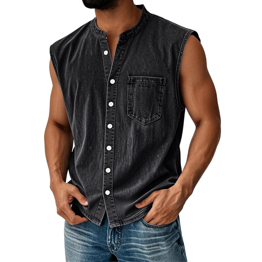 Men's Summer Fashion Distressed Denim Shirt. Men's Casual Sporty Sleeveless Button-down Vest.