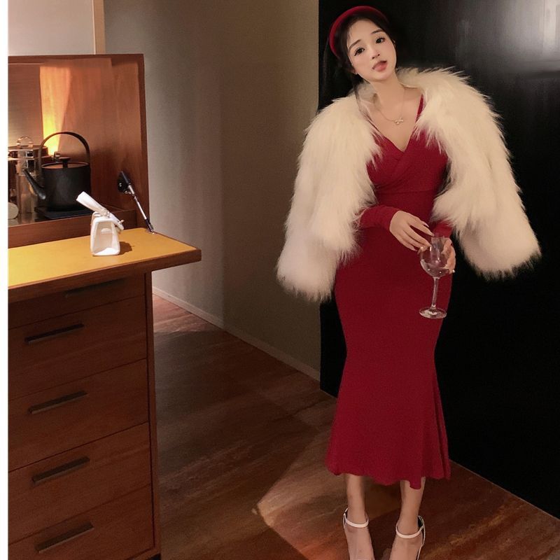 Sexy Spice Girl Red V-Neck Long Sleeve Dress Women's Spring New Slim Skinny Hip Wrap Niche Long Skirt