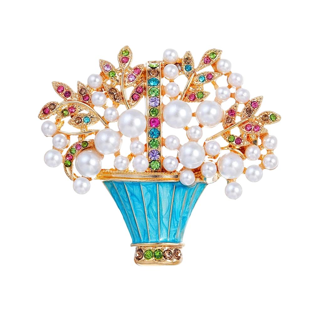 Broche Cesto de Flores de Pérola Esmaltada, Cesto de Flores da Moda com Strass Gota de Óleo