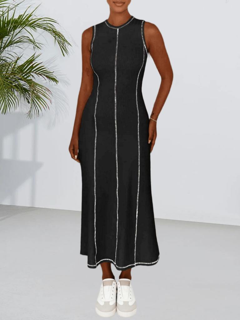 Robe longue d'été décontractée pour femme, à blocs de couleurs, en maille côtelée, sans manches