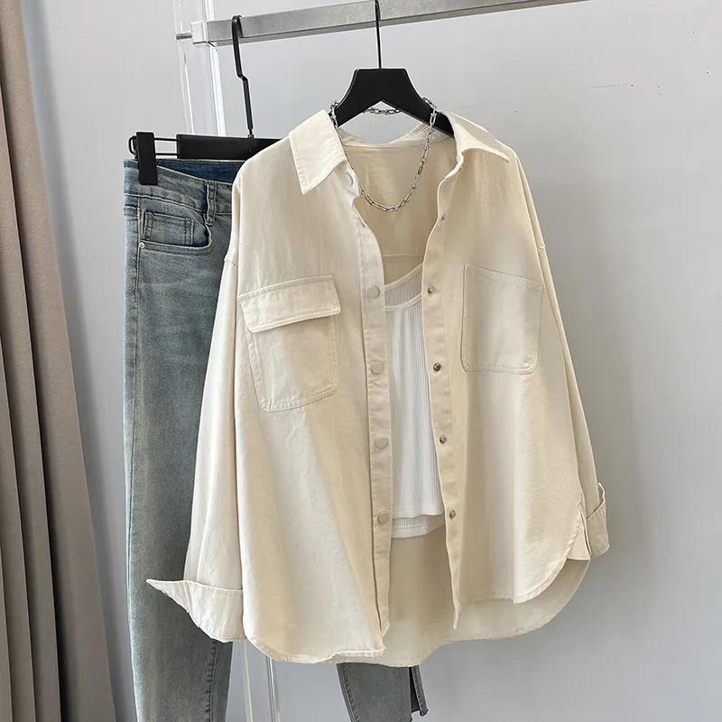 Women's Oversized Casual Shirt Beige Long-Sleeve Lapel Button Down Top