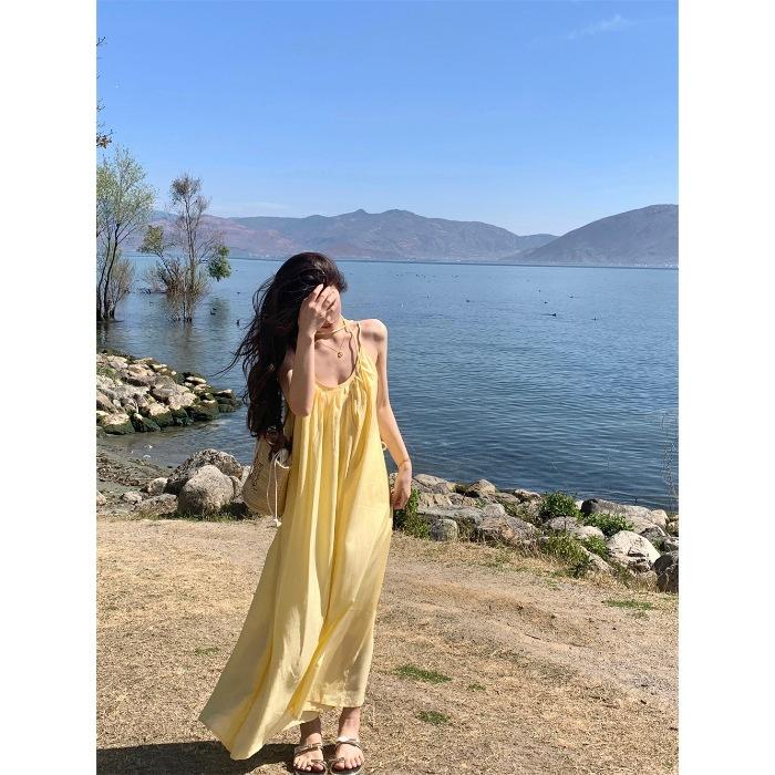 [Original practice] Seaside vacation wind yellow suspender dress female summer loose casual beach dress fairy S