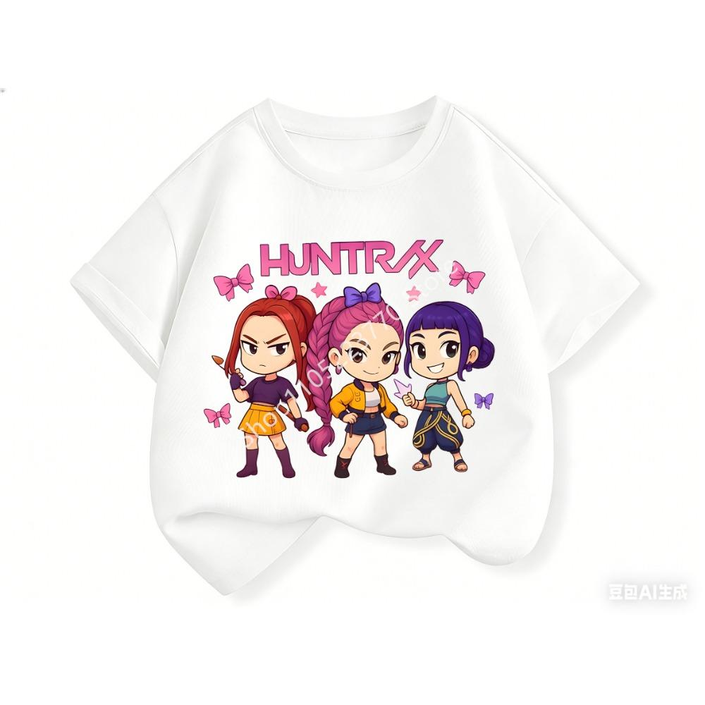 2026 Fun Huntrix Kpop Dämonenjäger T-Shirt für Jungen Mädchen Fans Geschenk Sommer Rundhals Kurzarm T-Shirts Mode Kinder T-Shirt