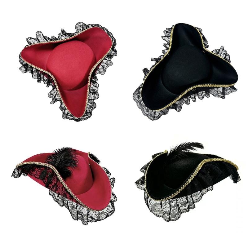 Stylish Black Pirate Hat With Lace And Feather Detail Halloween Cosplay Hat Perfect For Costume Parties