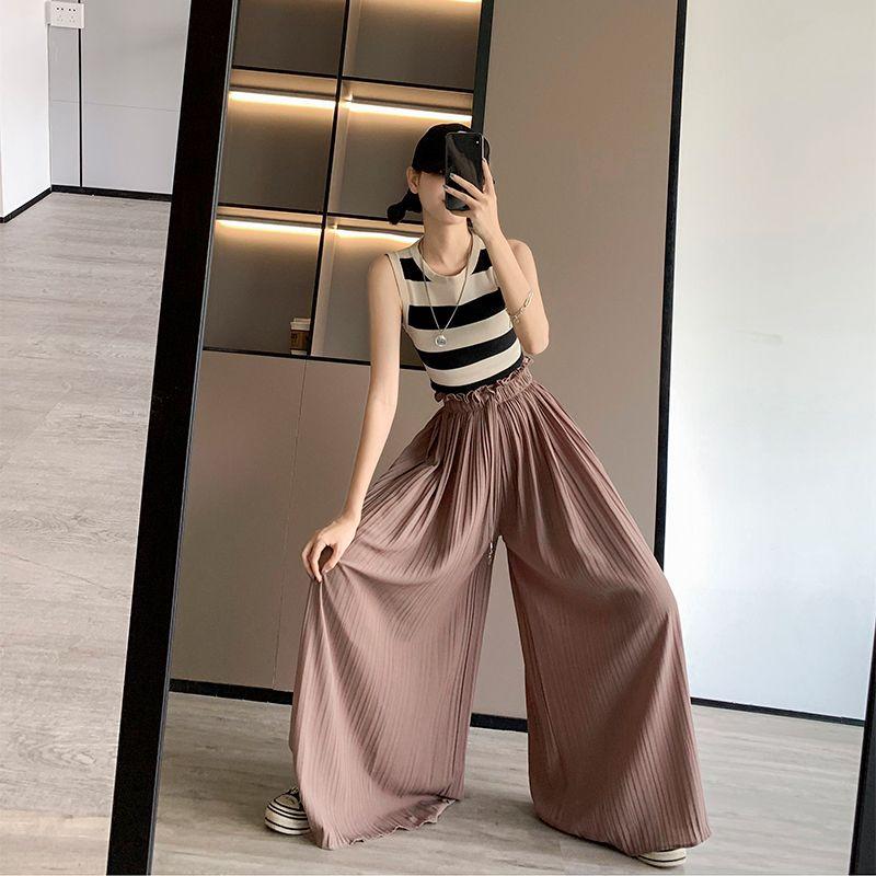 Summer Thin Plus Size HighWaist Relaxed 9/10 Length Chiffon Culottes for Women Draped WideLeg Pants
