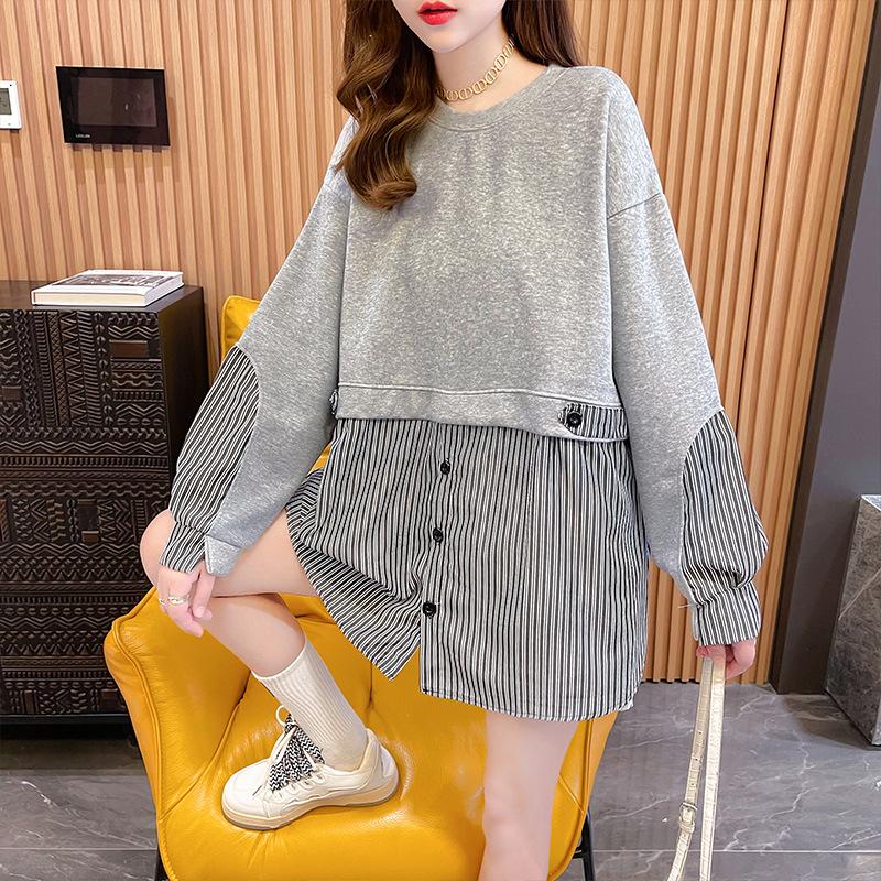 Women Fake Two Pieces Striped Patchwork  Korean Fashion Long Sleeve Lace Up Oversized Streetwear Sweatshirts Women Pullover Tunic Tops Y2K