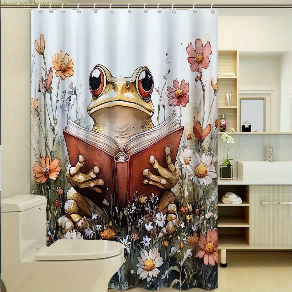 1 st nyckfull groda med bok på äng akvarell duschdraperi, med en antropomorf groda som håller en bok i en färgglad