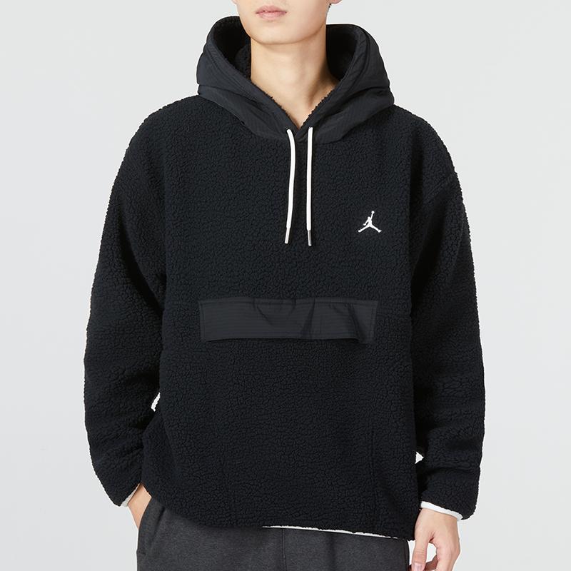 Jordan Color Block Drawstring Faux Lambswool Patchwork Fleece Hoodie Men Hoodie Black DV1587-010